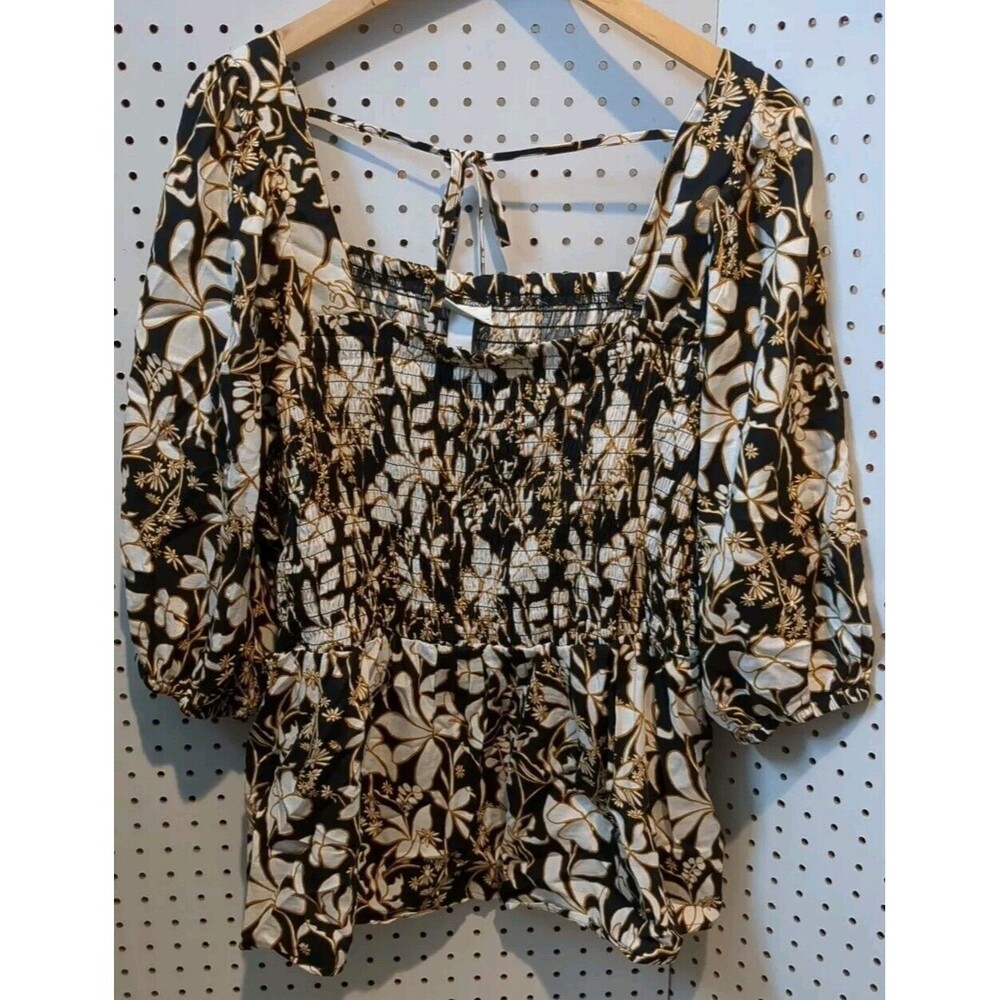 Ava Viv Women's Shirt Blouse 2X 3/4 Sleeve Floral Black Gold White Tie